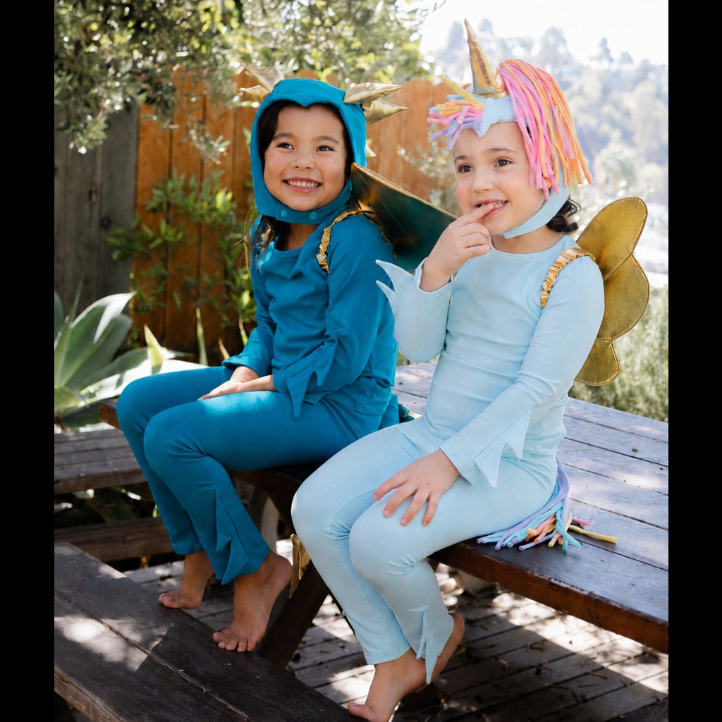 Sky Blue Pegasus costume with rainbow mane and unicorn ears for kids