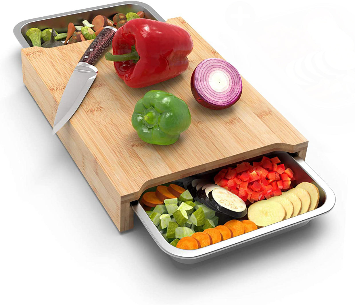 Wooden cutting board with knife and vegetables on a white background
