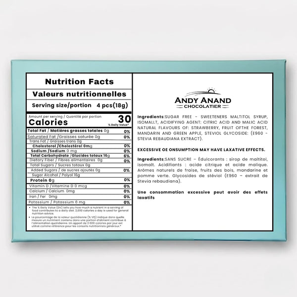 Nutrition facts label and ingredients list on a product packaging with 'Andy Anand Chocolatier' branding.