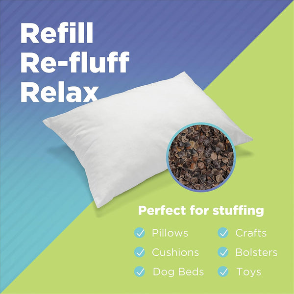 White pillow with a close-up of stuffing material on a blue and green background, featuring text about product uses.