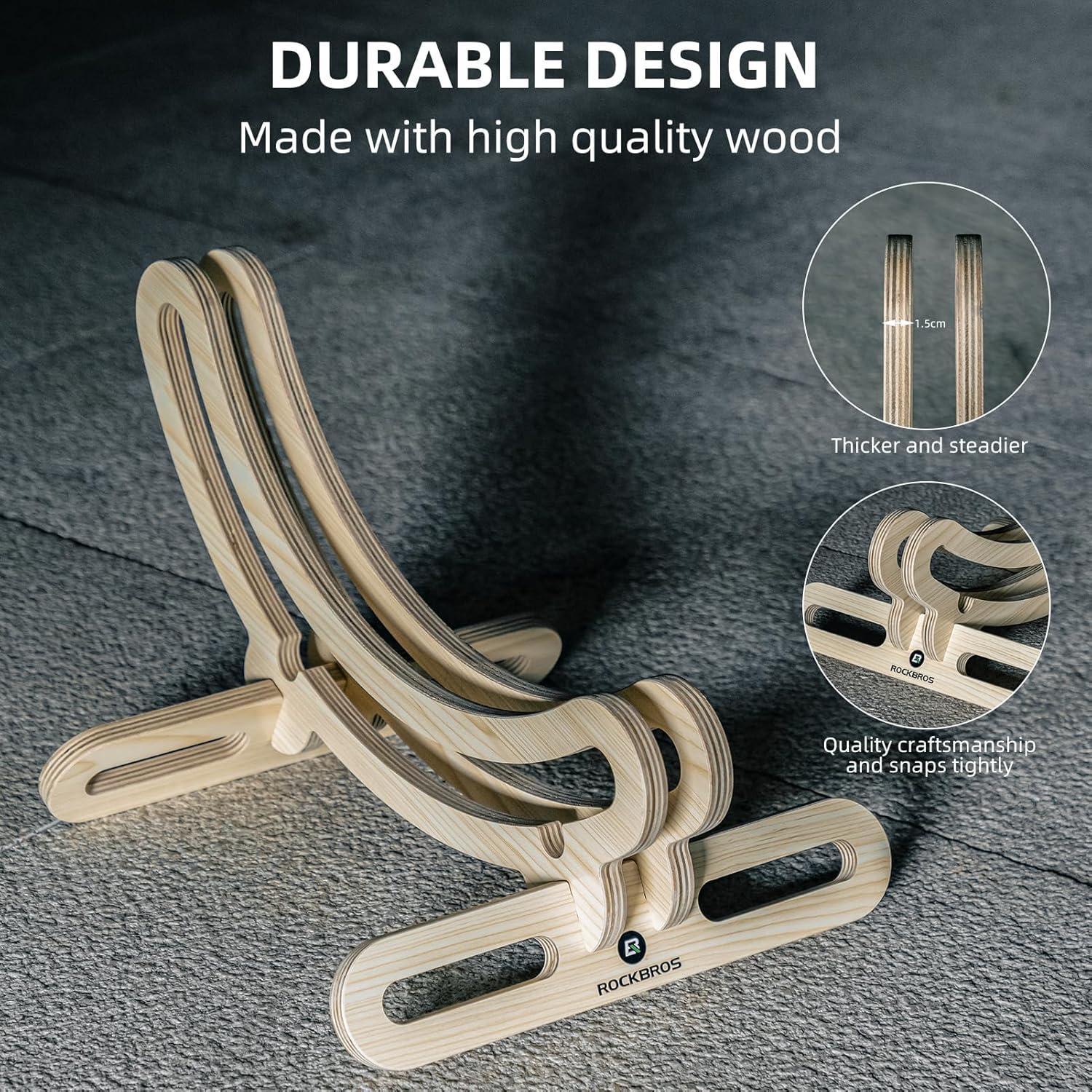 Wooden product with 'RockBros' branding on a gray textured background, highlighting durability and quality.