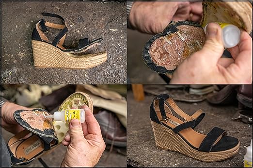Collage of a wedge sandal being repaired with glue application.