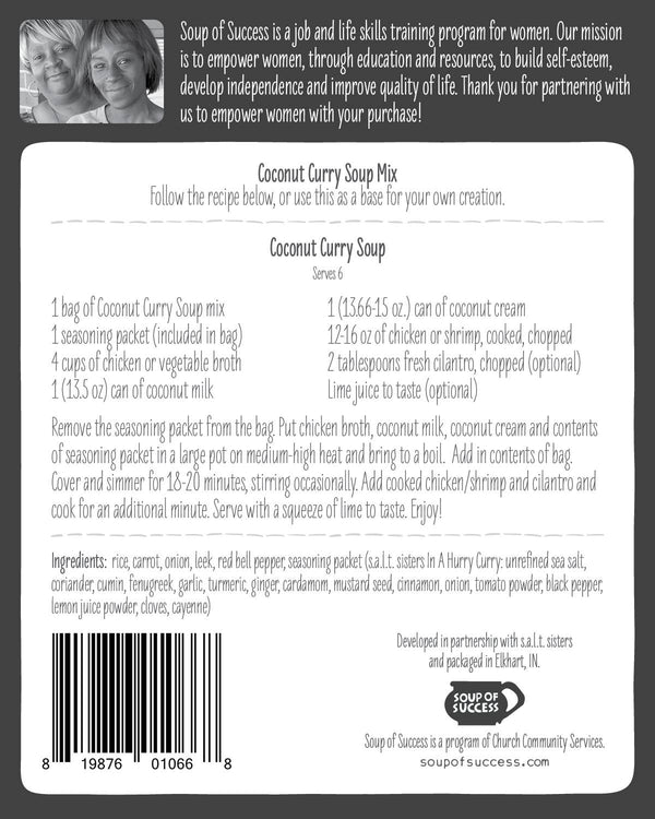 Back of a coconut curry soup mix package with text and a barcode.