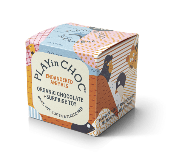 Playin Choc organic chocolate and surprise toy packaging with endangered animals theme.