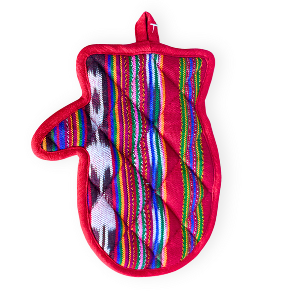 Handwoven cotton holiday pot holder with an insulated lining and a fabric hanging loop