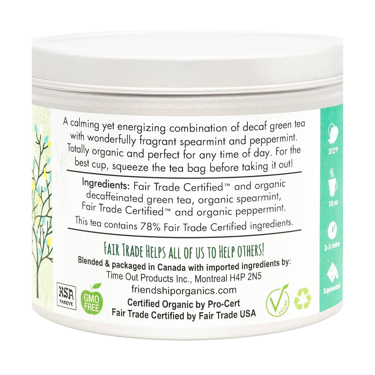 Reusable and recyclable tea tin containing Decaf Green Mint Tea caffeine-free sachets