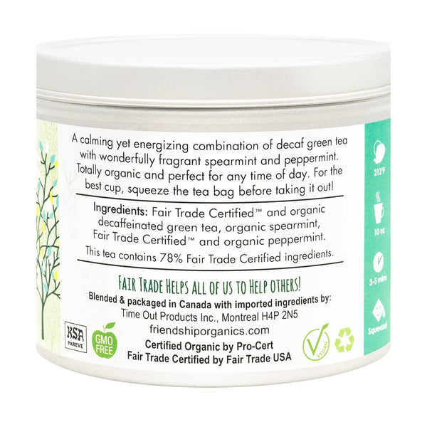 Reusable and recyclable tea tin containing Decaf Green Mint Tea caffeine-free sachets