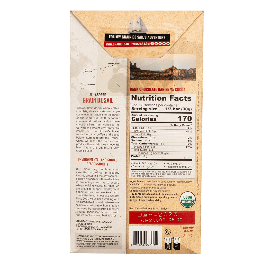 Grain de Sel Dark Chocolate Bar (85% Cocoa) - Organic, Fair Trade & Sustainable! Deep flavor, rich texture. Sail-shipped cocoa & organic ingredients. Vegan, GF