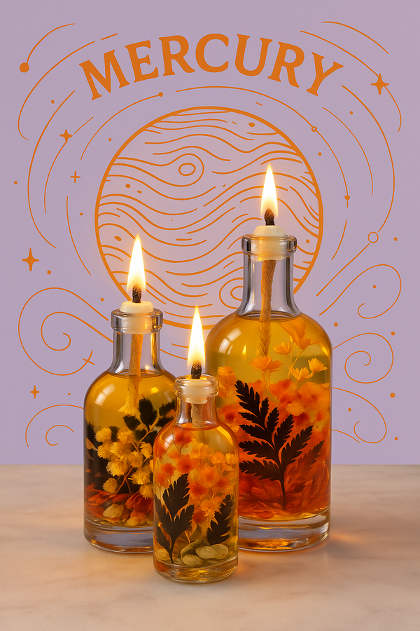 Three lit candles in glass bottles with leafy contents against a purple background with 'Mercury' text.