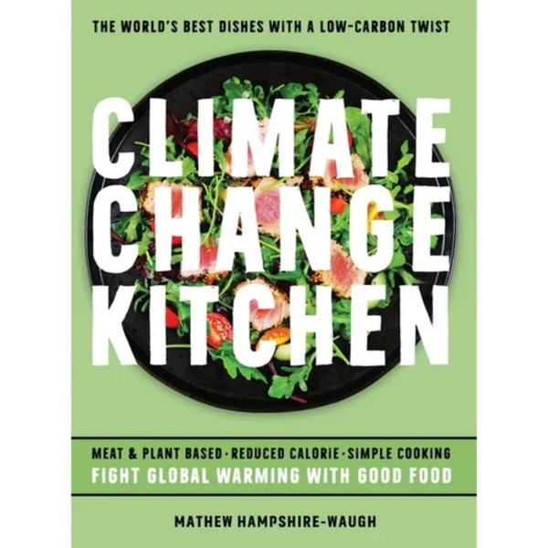 Book cover of 'Climate Change Kitchen' with a green background and salad image.