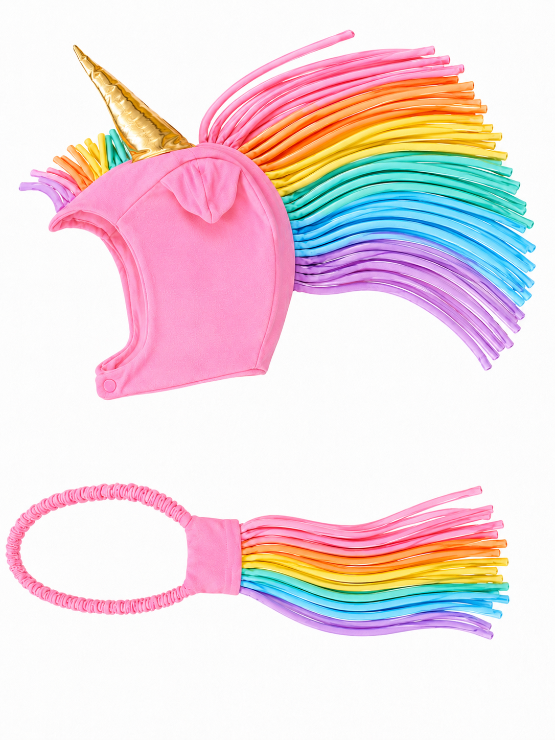 Pink Stardancer Unicorn Hat and Tail Set with rainbow mane and gold horn, made of recycled cotton in California