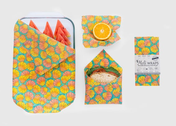 Set of Meli Wraps beeswax food wraps in Sunrise Shell Print in small, medium, and large sizes