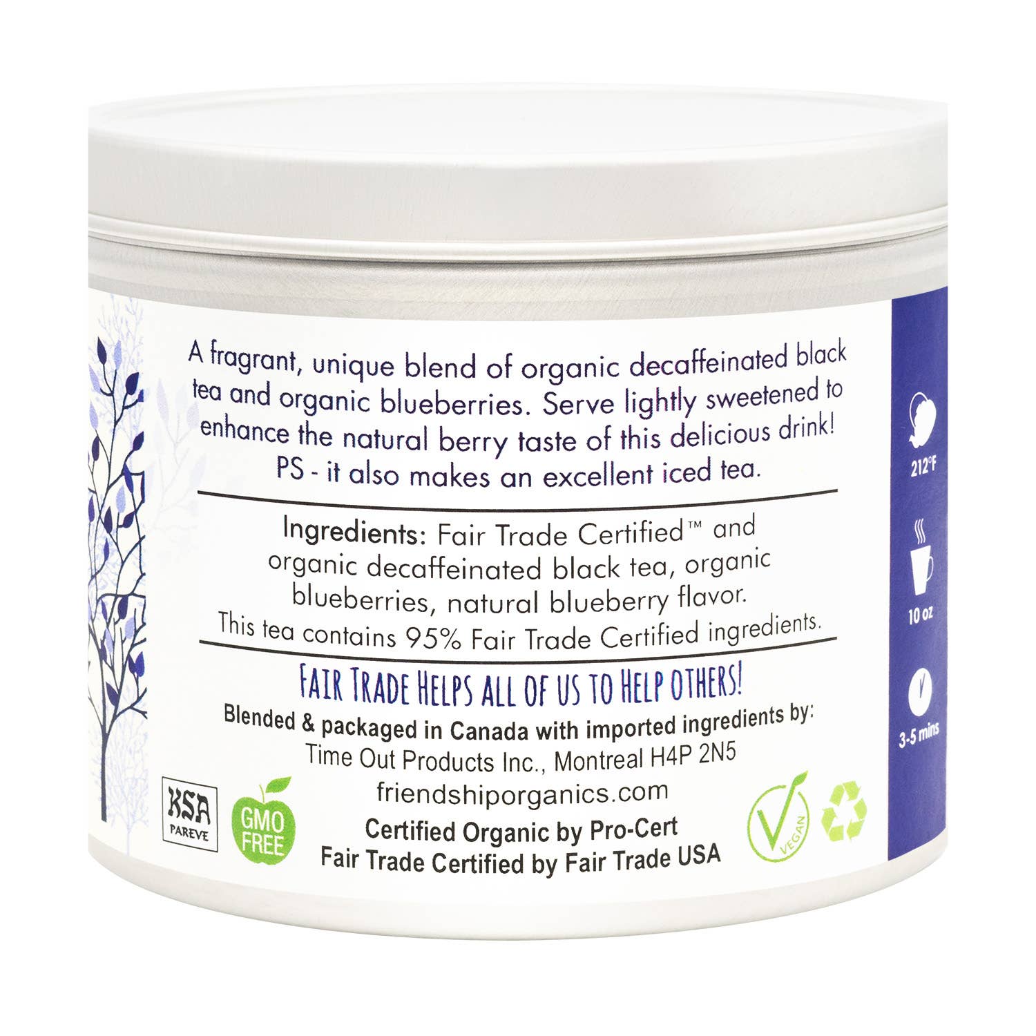 Friendship Organics Blueberry Decaf Tea gift tin — Fair Trade, Kosher, and non-GMO certified