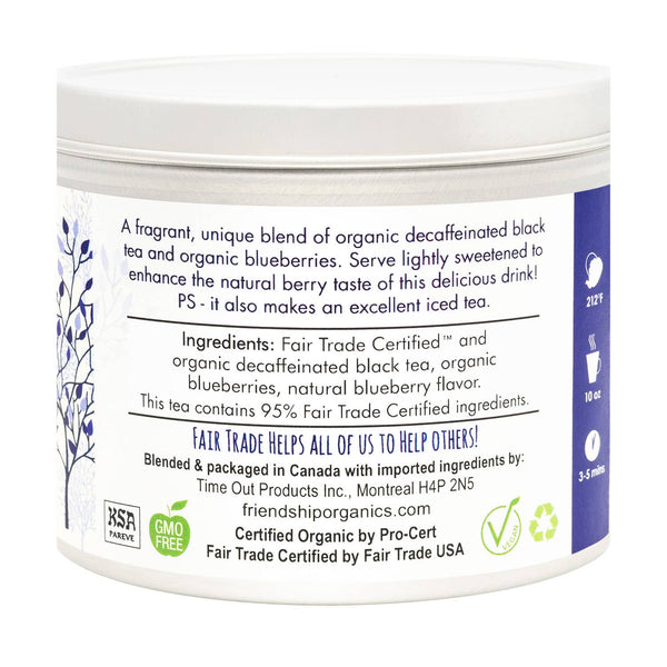Friendship Organics Blueberry Decaf Tea gift tin — Fair Trade, Kosher, and non-GMO certified