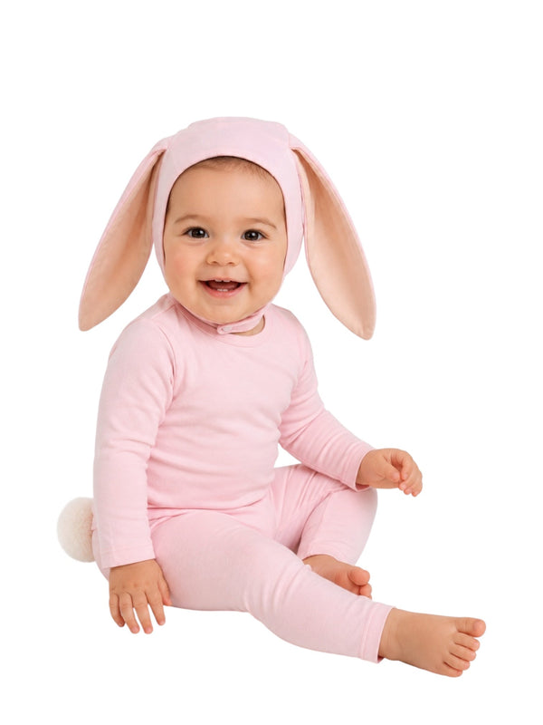 Baby Pink Bunny Costume four-piece set with bonnet, top, bottoms, and tail