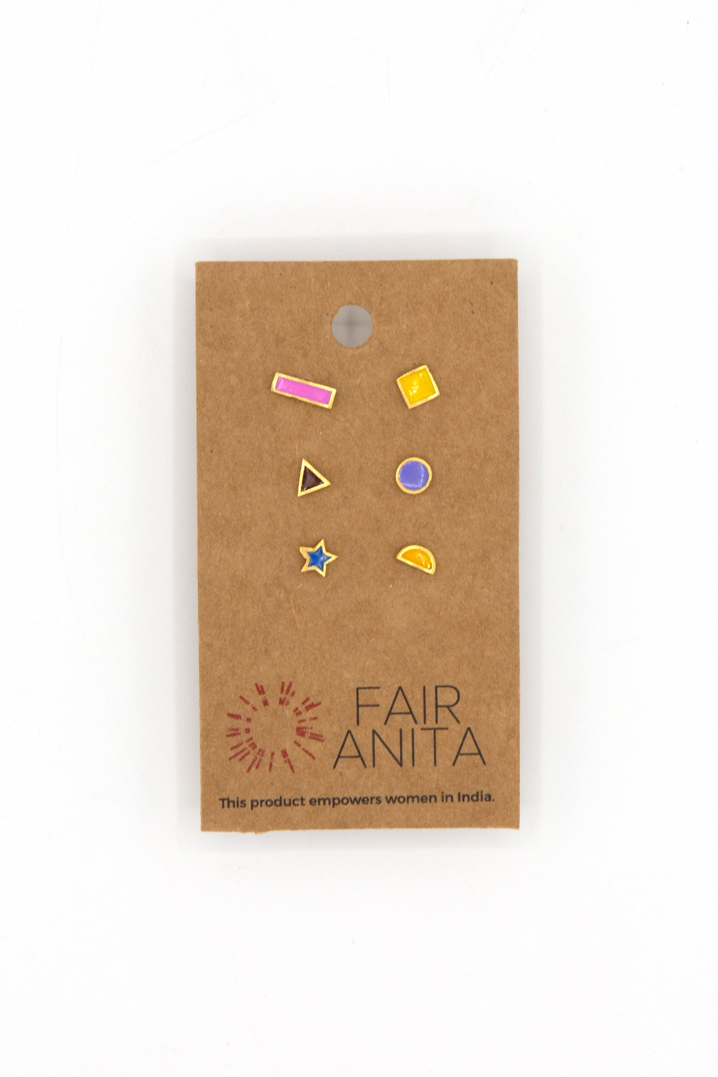 Close-up of colourful mismatched enamel stud earrings, nickel-free and ethically made in India