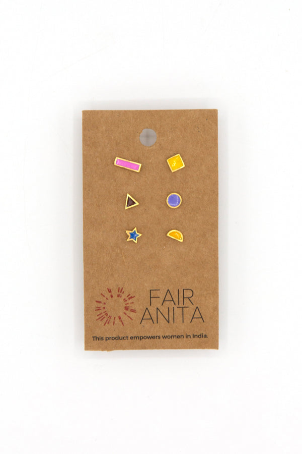 Close-up of colourful mismatched enamel stud earrings, nickel-free and ethically made in India