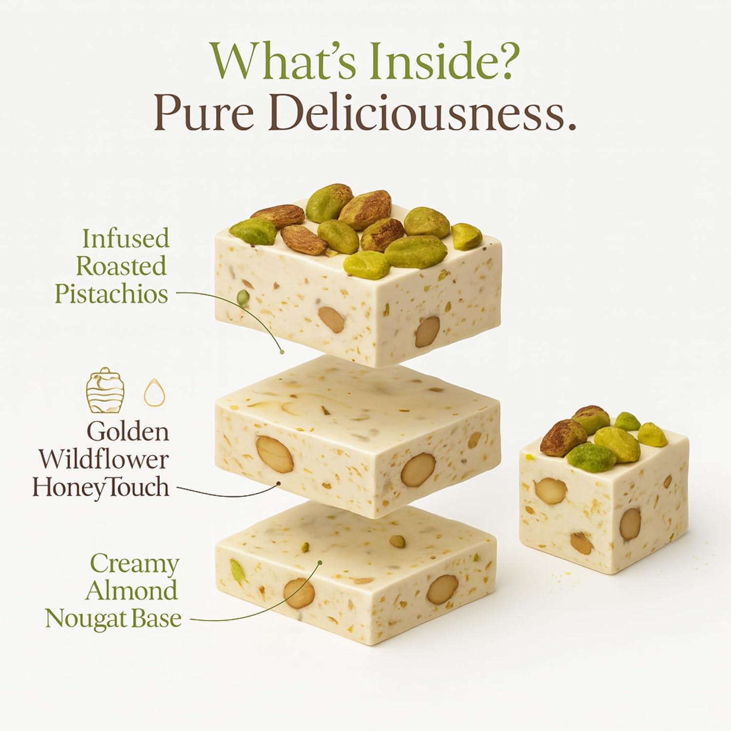 Nougat blocks with pistachios on a white background, labeled with ingredients.