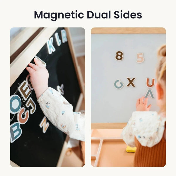 Children using a magnetic dual-sided board with letters and numbers.