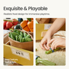 Toy vegetables in a box with a child playing with them, emphasizing realism and safety.