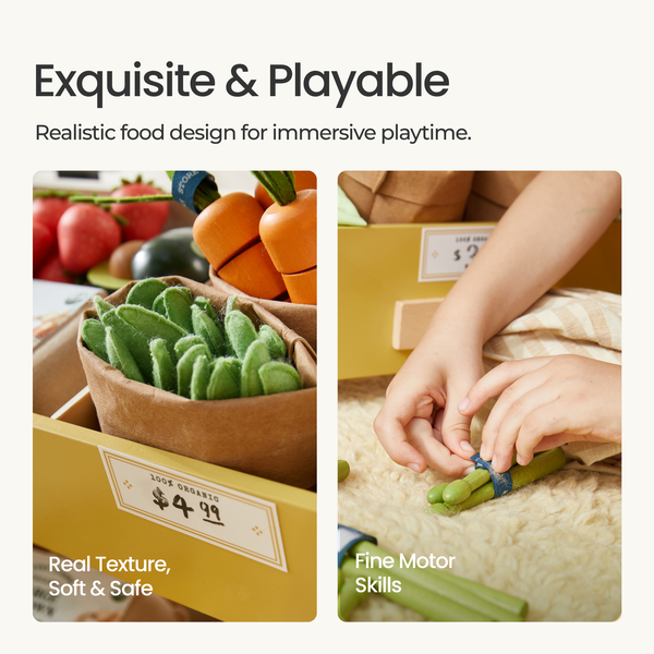 Toy vegetables in a box with a child playing with them, emphasizing realism and safety.