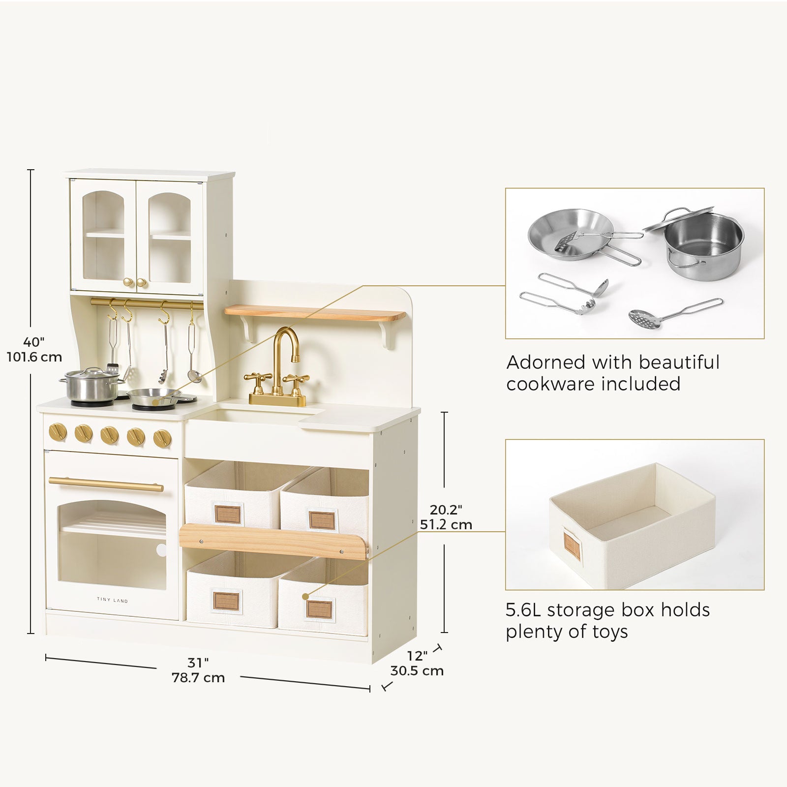Children's play kitchen set with dimensions and included cookware on a white background