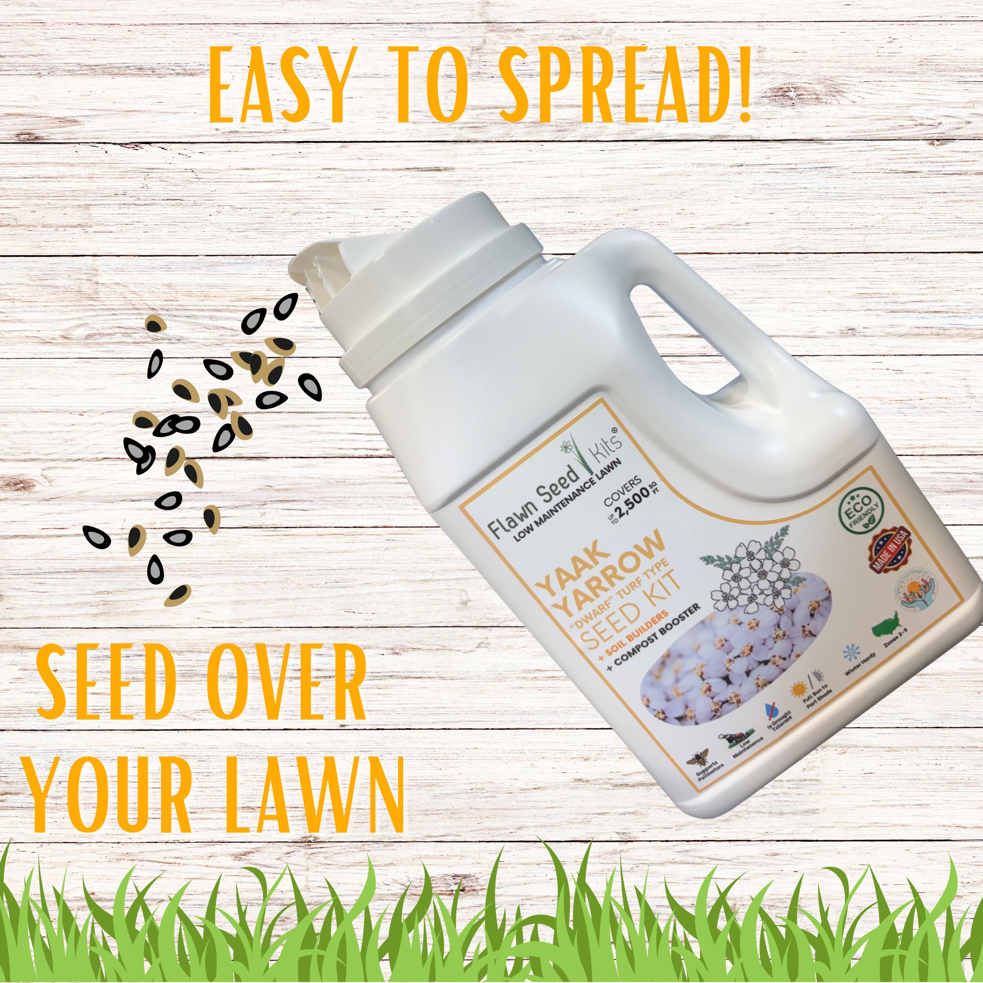 Lawn seed kit container with seeds and grass illustration on a wooden background