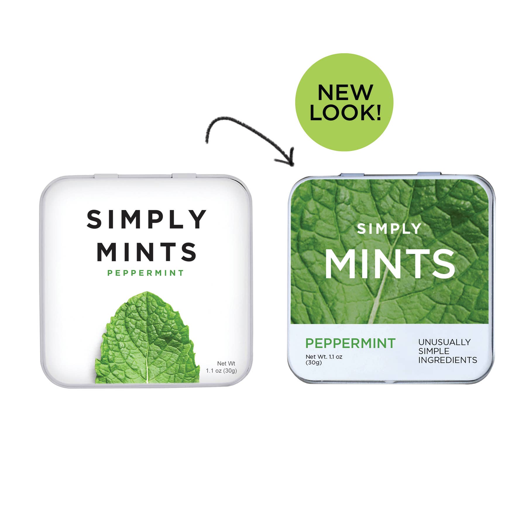 Two 'Simply Mints' tins side by side with a green circle indicating a new look.