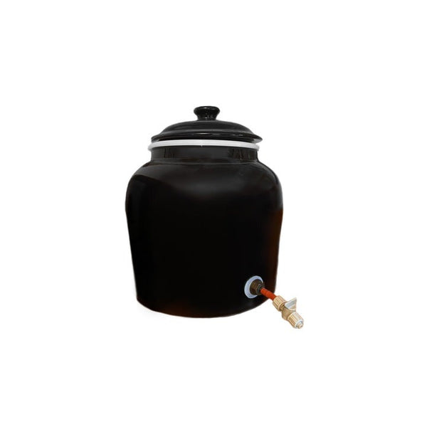 Black ceramic water dispenser with a spigot on a white background