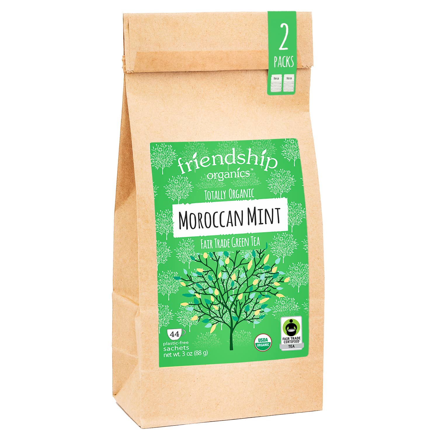 Bag of Friendship Organics Moroccan Mint green tea with a green label on a white background