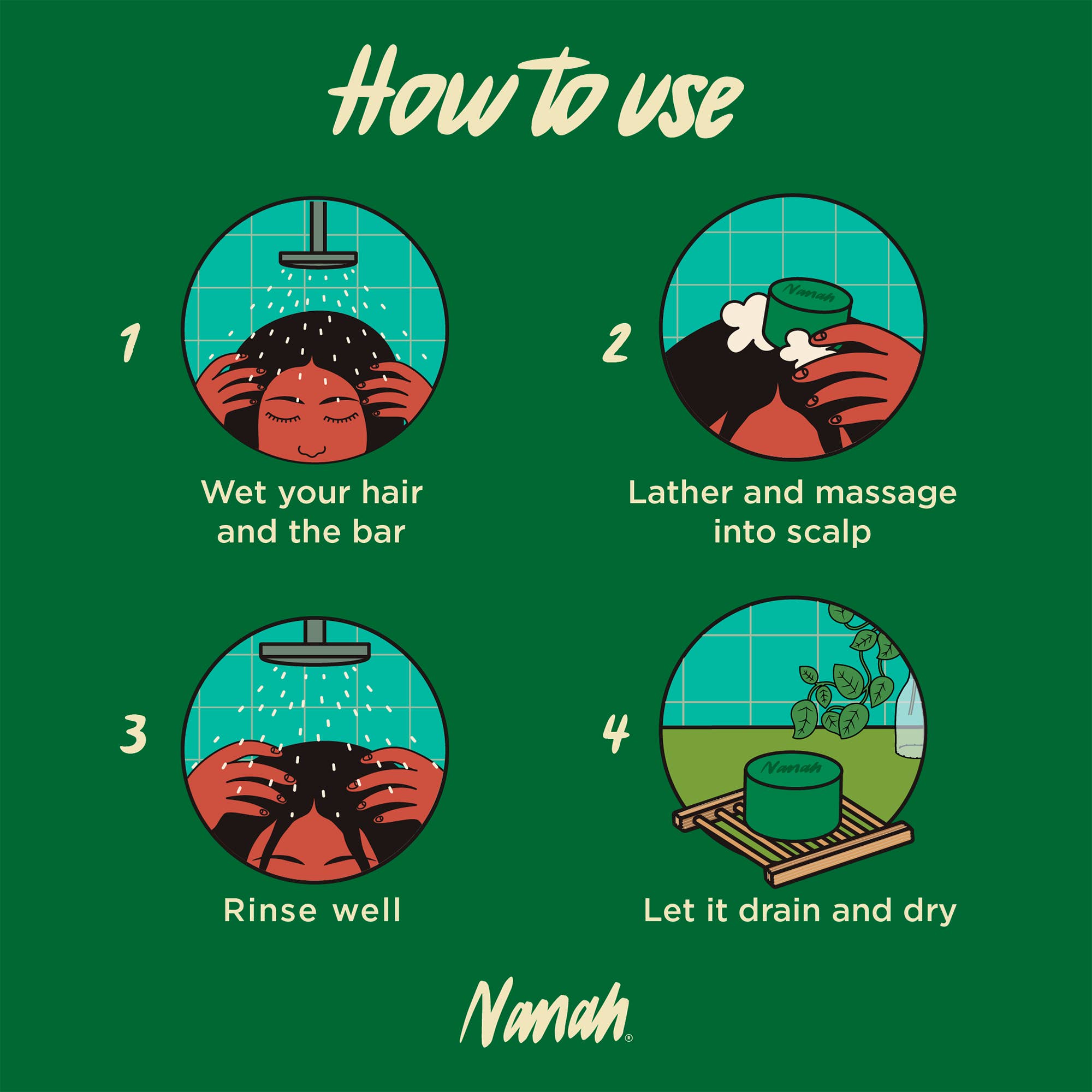 Step-by-step guide on how to use a shampoo bar with illustrations and text on a green background.