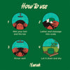 Step-by-step guide on how to use a shampoo bar with illustrations and text on a green background.