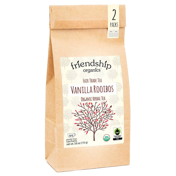 Tea package with 'friendship organics' label on a white background