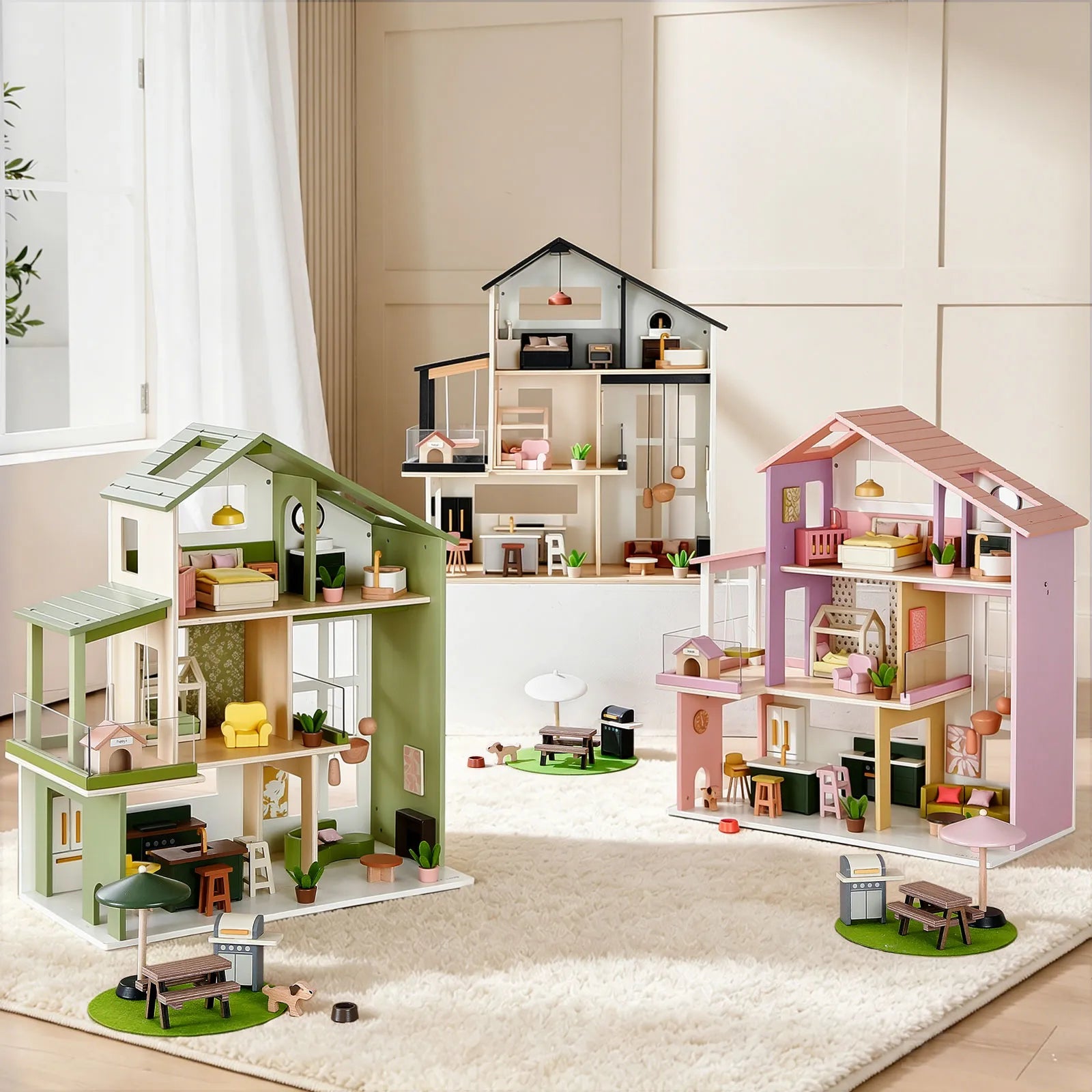 Three colorful dollhouses with detailed furniture on a white rug.