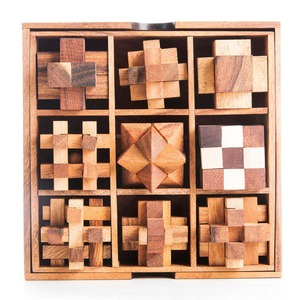 Wooden puzzle set in a box on a white background