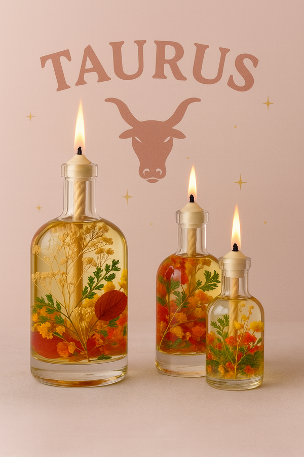Three lit candles in glass bottles with floral designs on a pink background with 'TAURUS' text and zodiac sign.