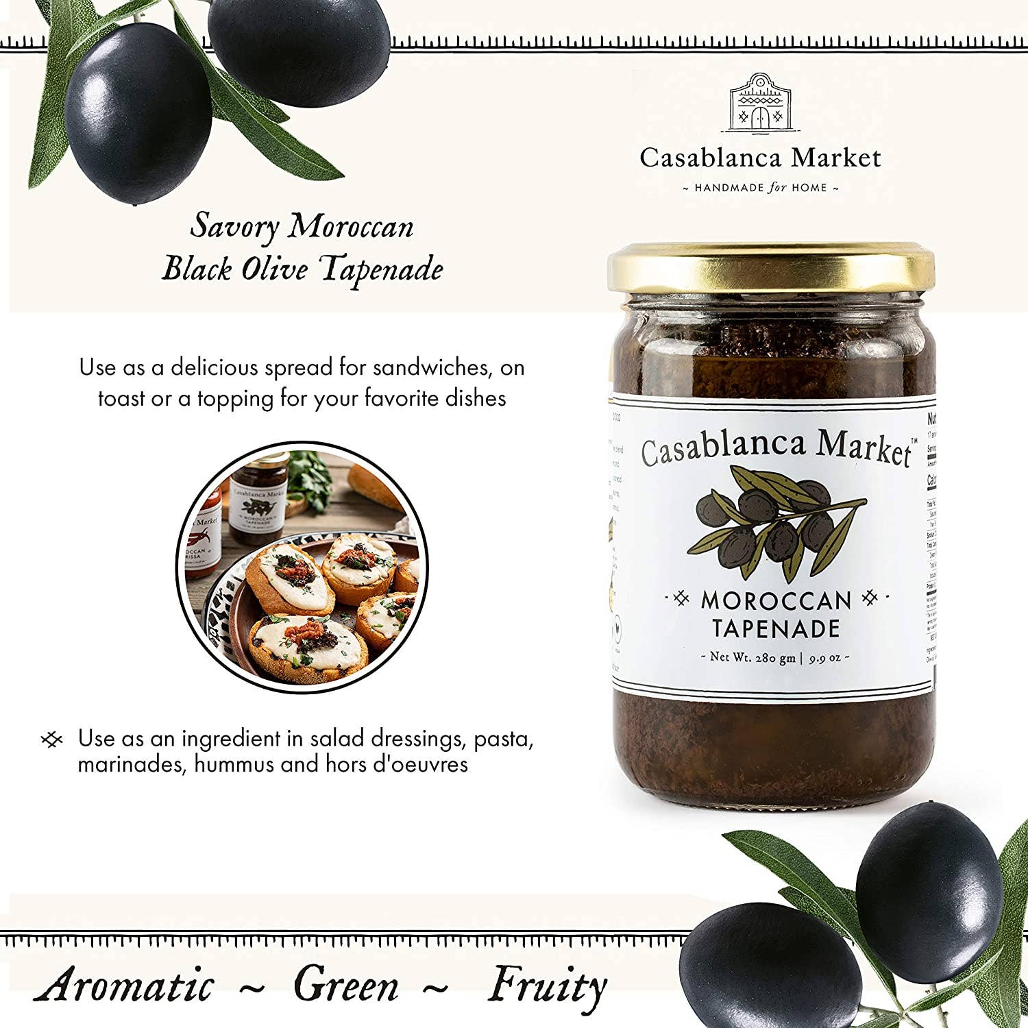 Jar of Casablanca Market Moroccan Tapenade with black olives and text on a white background
