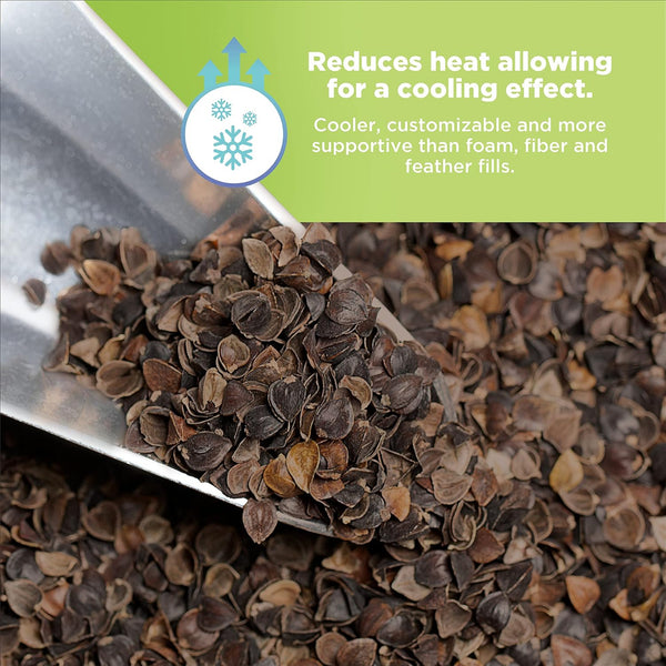 Close-up of a metal scoop filled with small brown seeds against a green background with text about cooling effect.