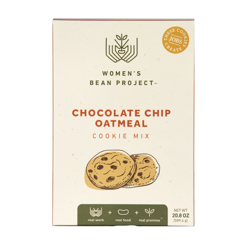 Box of Women's Bean Project chocolate chip oatmeal cookie mix on a white background