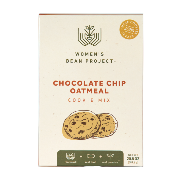 Box of Women's Bean Project chocolate chip oatmeal cookie mix on a white background