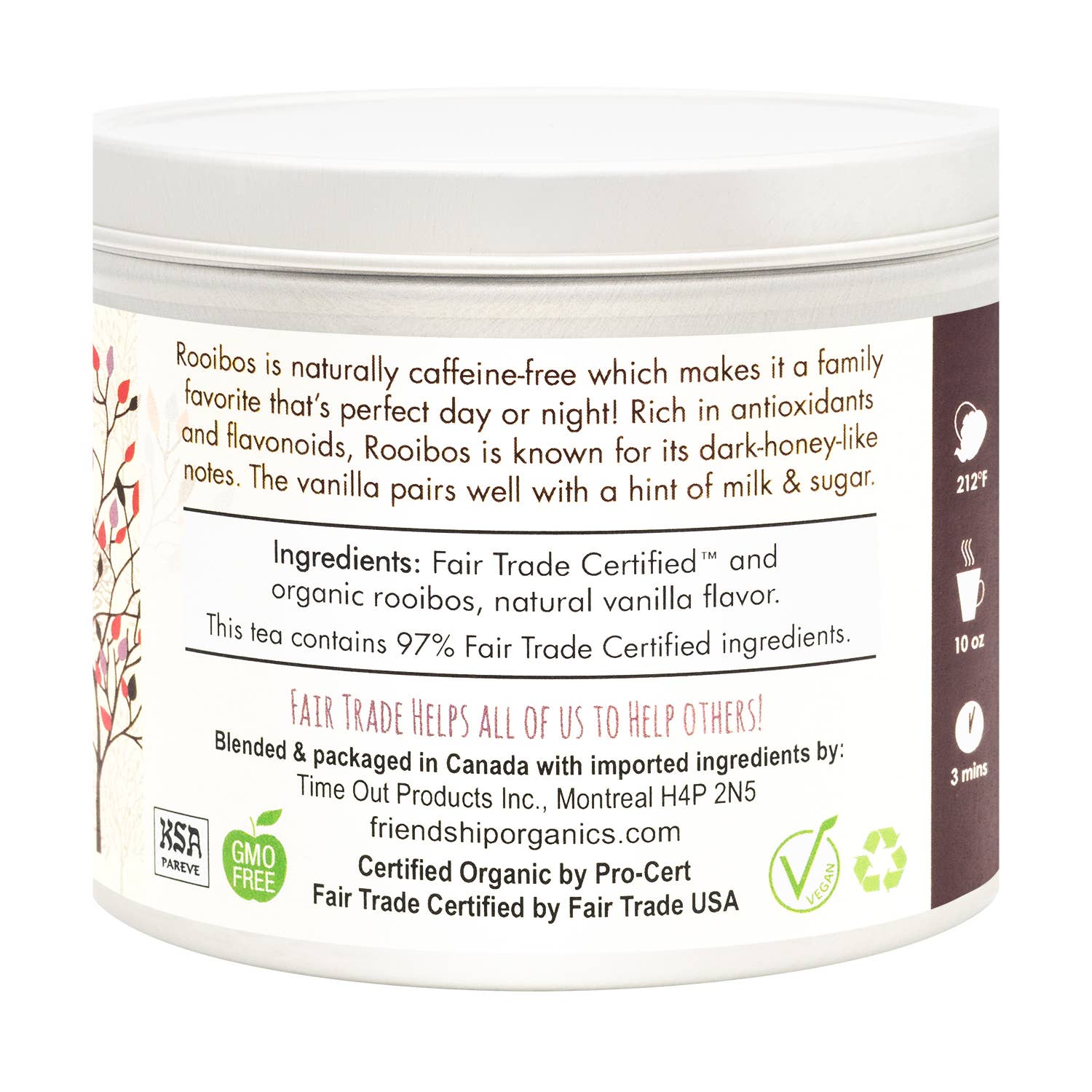 Vanilla Rooibos Herbal Tea tin alongside tea sachets showing eco-friendly recyclable packaging