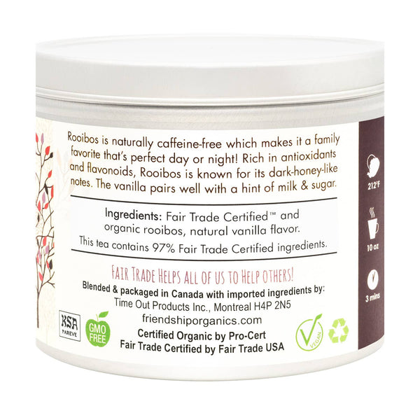 Vanilla Rooibos Herbal Tea tin alongside tea sachets showing eco-friendly recyclable packaging