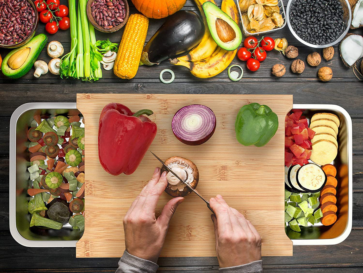 Prepared meal with vegetables on a cutting board and containers, surrounded by various food items.