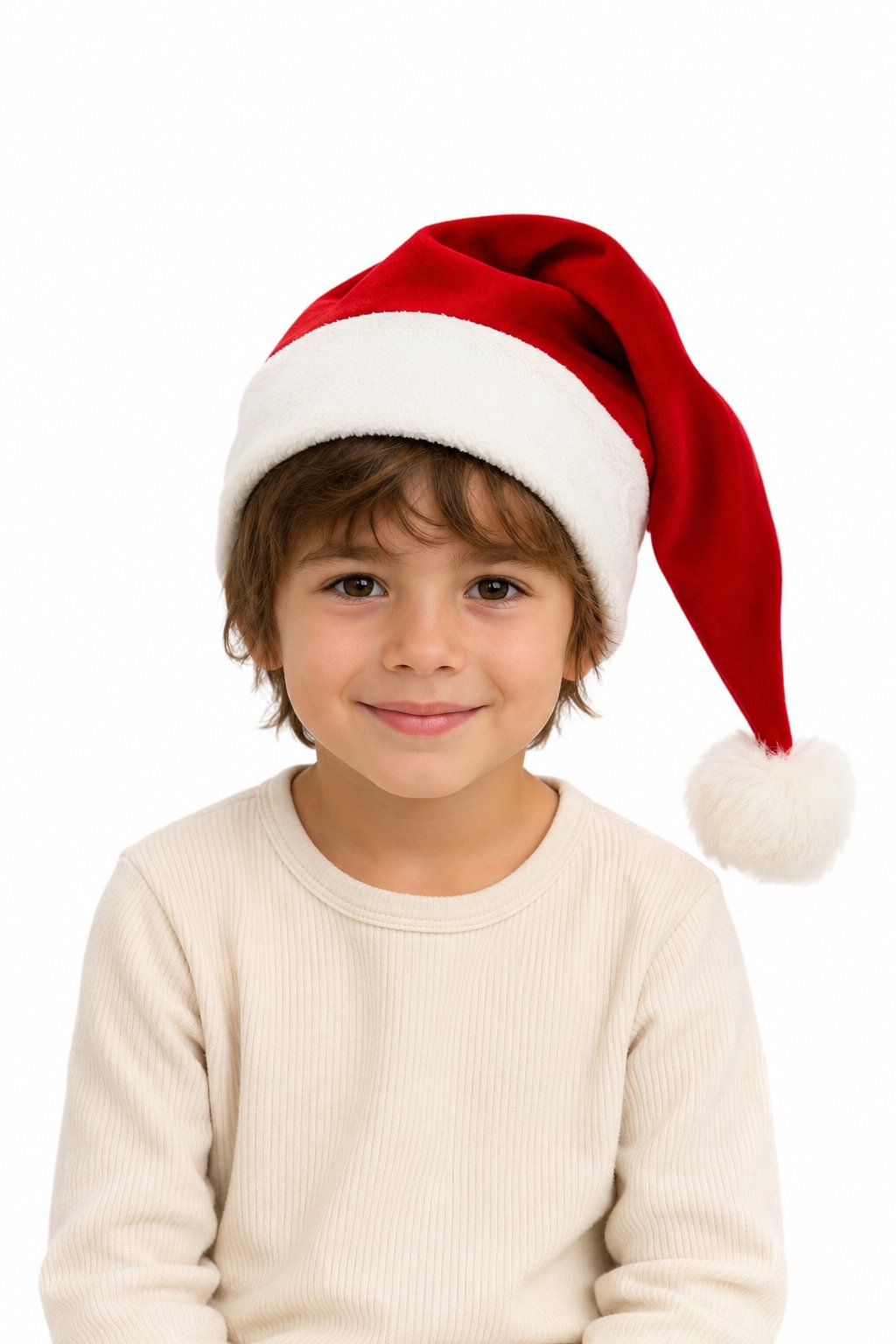 Close-up of the organic hemp trim and upcycled rabbit-fur pompom on the Santa hat