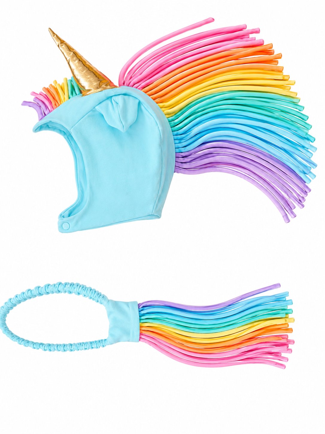 Rainbow Sky Unicorn Hat and Tail Set with rainbow mane and gold horn for kids