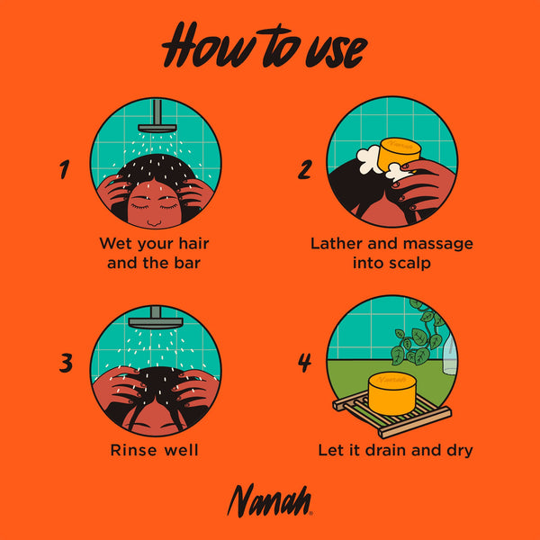 Instructions for using a hair care product with icons and text on an orange background, featuring the brand 'Nanah'.