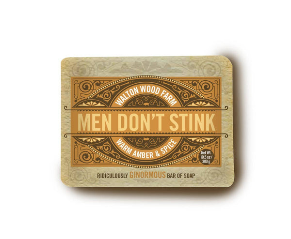 "Men Don’t Stink" Warm Amber & Spice Soap (10.5 oz) – Bigger size, bold scent! Exfoliate, hydrate, and cleanse naturally with Shea Butter & Apricot Seed. Shop now!

