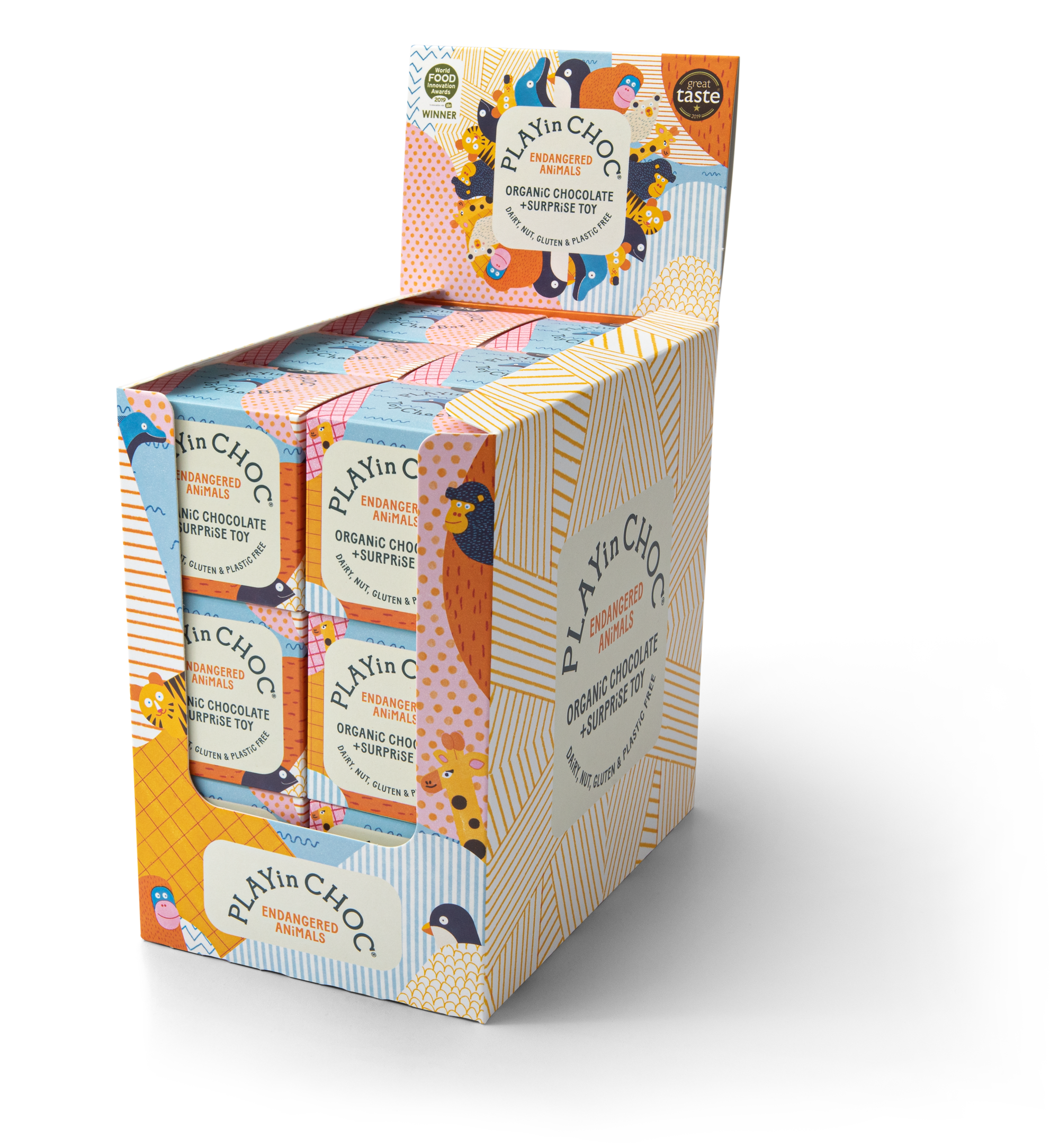 Box of Play'n Choc chocolate bars with colorful packaging on a white background