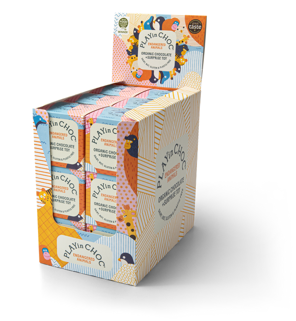 Box of Play'n Choc chocolate bars with colorful packaging on a white background