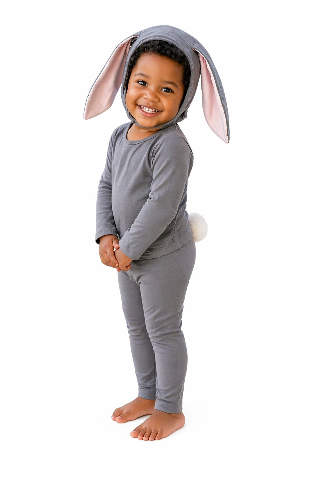Baby Grey Bunny Halloween Costume bonnet with lop ears and snap closure